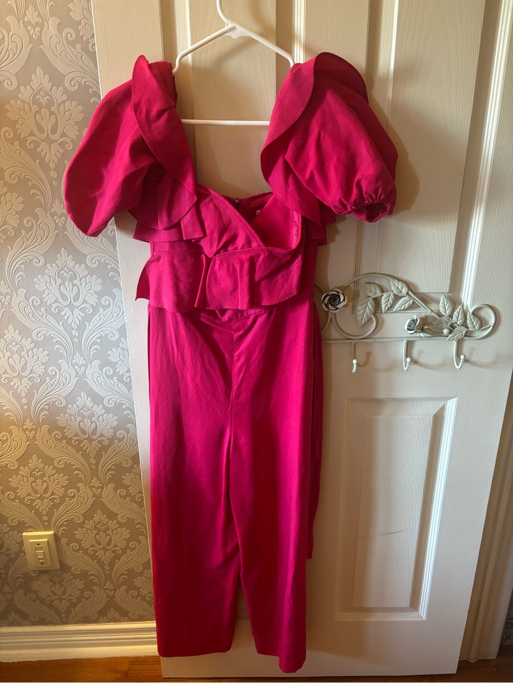 Fuchsia Puff-Sleeve Ruffled Midi Dress